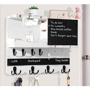 Key Holder for Wall Mount, Farmhouse Mail and Key Holder for Wall Hanger with Various Hooks, Home Decor Rack with Chalkboard and Shelf (Pine Wood, White Washed)