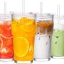 Glass Cups with Lids and Straws 4 Pack, 20oz Ribbed Glass Cups, Leak Resistant Iced Coffee Tumblers, Thick Reusable Drinking Glasses, Fits Car Cup Holder, Clear Coffee Bar Accessories