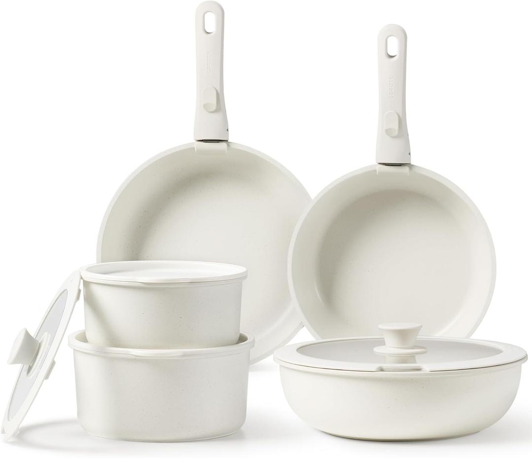 CAROTE Pots and Pans Set, Nonstick Cookware Sets Detachable Handle,Induction Kitchen Set Non Stick with Removable Handle, RV Set, Oven Safe, Cream White, 11 Pcs