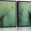 Abstract Dark Green Canvas Wall Art Modern Texture Painting with Wood Frame Wabi Sabi Zen Poster Minimalist Birds Picture Print Living Room Bedroom Office Ready To Hang 16x24 Inch