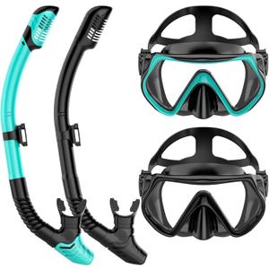 Snorkeling Gear for Adults, Dry-Top Snorkel Set Scuba Diving mask, Snorkel Mask, Panoramic Anti-Leak Anti-Fog Tempered Glass Lens, Swimming Training Snorkeling Packages (Black+Green)