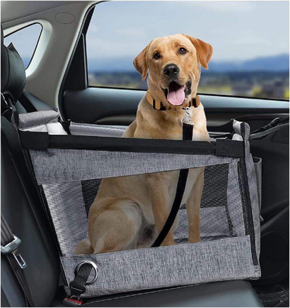 Dogs Car Seat Cover with Hard Bottom，Back Seat Extender for Dogs&Cat Up to 30 LB，Dog Bed for Car Seat，Waterproof Fabric with Breathable Mesh and Adjustable Dog Seat Belt (Gray)
