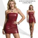 Women Faux Leather Dress Sexy Ruched Mini Dress Strapless Pleather Bodycon Strenchy Dress Club Party Night Out (Red, L)