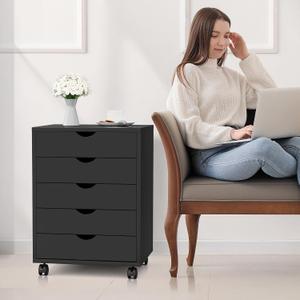 5-Drawer Chest, Office Storage Dresser File Cabinet with Wheels, Mobile Dresser for Home Office, Black, 14.4"D x 18.7"W x 25.6"H