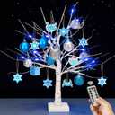24 Inch Hanukkah LED Lighted Birch Tree with 36 Pcs Chanukah Hanging Ornament, USB/Battery Operated 8 Lighting Modes Hanukkah Decorations Artificial Tree for Indoor Hanukkah Home Party Tabletop Decor
