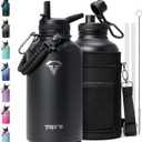 64oz Insulated Water Bottle,Half Gallon Water Flask Stainless Steel Vacuum, Cold for 48 Hrs,BPA-Free & Leakproof -with Paracord Handle,Strap,Straw Spout Lids,Large Jug for Gym Sports,Black