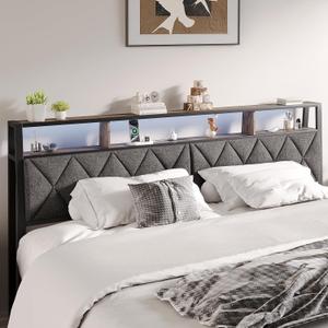 Queen Headboard Only, Headboard for Queen Size Bed with Storage, Upholstered Headboards with LED Lights & Charging Station, Attach Frame, Ideal for Bedroom/Dorm/Guest Room, Dark Grey & Brown