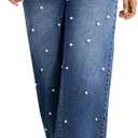 MakeMeChic Women's Pearls Jeans Wide Leg Stretch Straight Y2K Denim Pants Trousers (28, Blue)