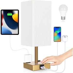 Bedside Lamp with USB Ports - Touch Control Table Lamp for Bedroom with USB C+A Ports & AC Outlets, 3 Way Dimmable Nightstand Light with Pleated Shade for Living Room(Bulb Included)