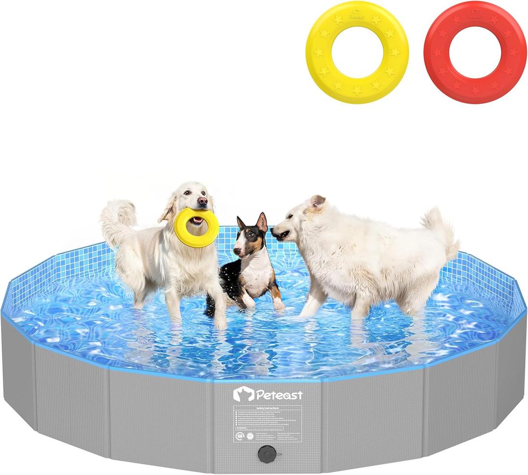 Peteast Foldable Dog Pool with 2 Flying Disks, Durable Hard Plastic Dog Swimming Pools for Large Dogs, Collapsible Pet Pool for Backyard & Indoor, Ideal Kiddie Pools for Dogs and Kids, 71 in