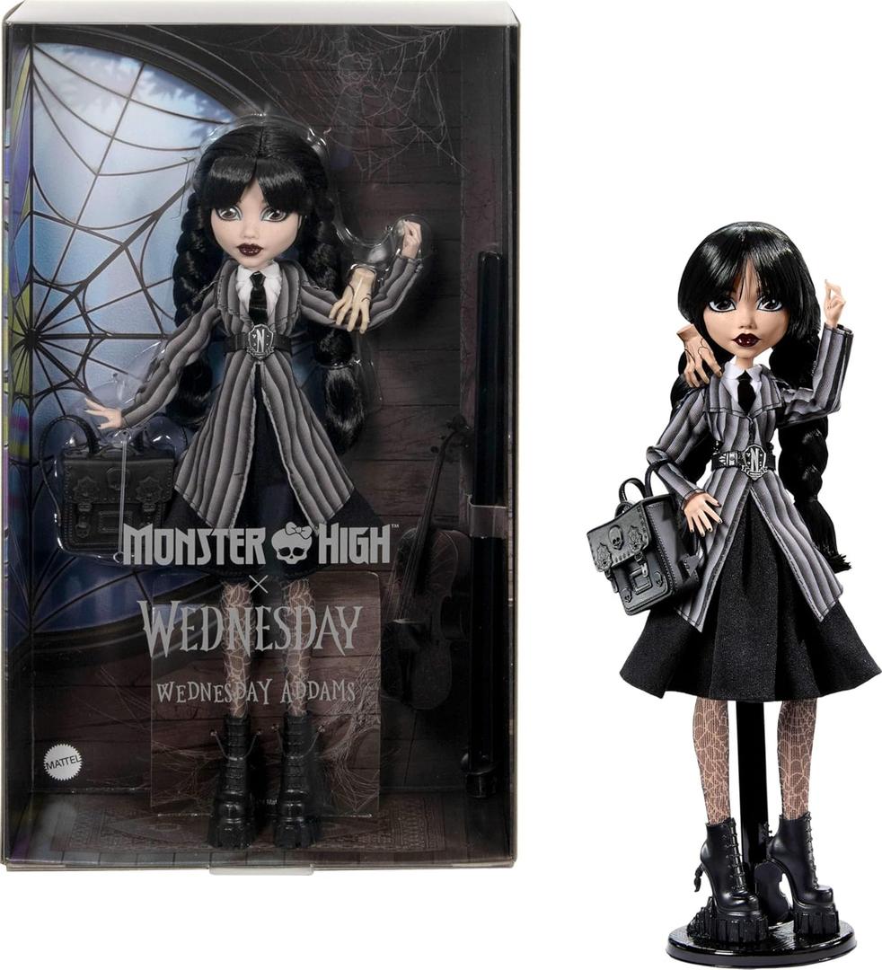 Monster High Wednesday Doll and Accessories, Wednesday Addams Collectible in Nevermore Academy Uniform with Thing and Backpack, Doll Stand (Multicolor)
