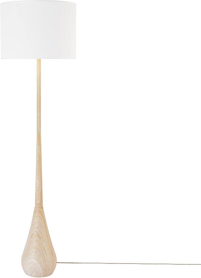 GLOBE Electric 65" Floor Lamp, Wood-Toned Finish, White Cotton Shade, Japandi Style, E26 Base, On/Off Rotary Switch, 5-Ft Cord, 52112