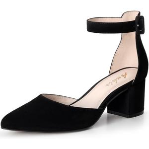 Ankis Closed Toe Heels for Women, 2.25 Inch Low Block Chunky Dress Pumps | Black Nude White Gold Silver Pointed Toe Design, Soft Insole, Adjustable Ankle Strap, Classic Versatile, For Formal Daily, 6.5