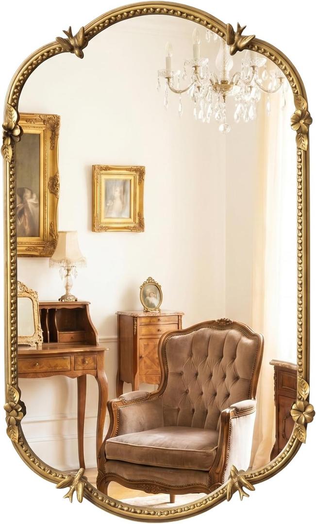 Antique Gold Scalloped Oval Wall Mirror, 20"x32" Beaded Metal Frame Capsule Mirror, Vintage Vanity Mirror for Bathroom, Bedroom, Living Room, Entryway, Fireplace Mantel