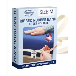RUBBER HUGGER Medium Size Elastic Bed Sheet Holder - Patented, Ribbed Rubber Band with 1 Bed Sheet Strap for Queen Adjustable Mattresses - Bedroom Accessories - Corner Straps