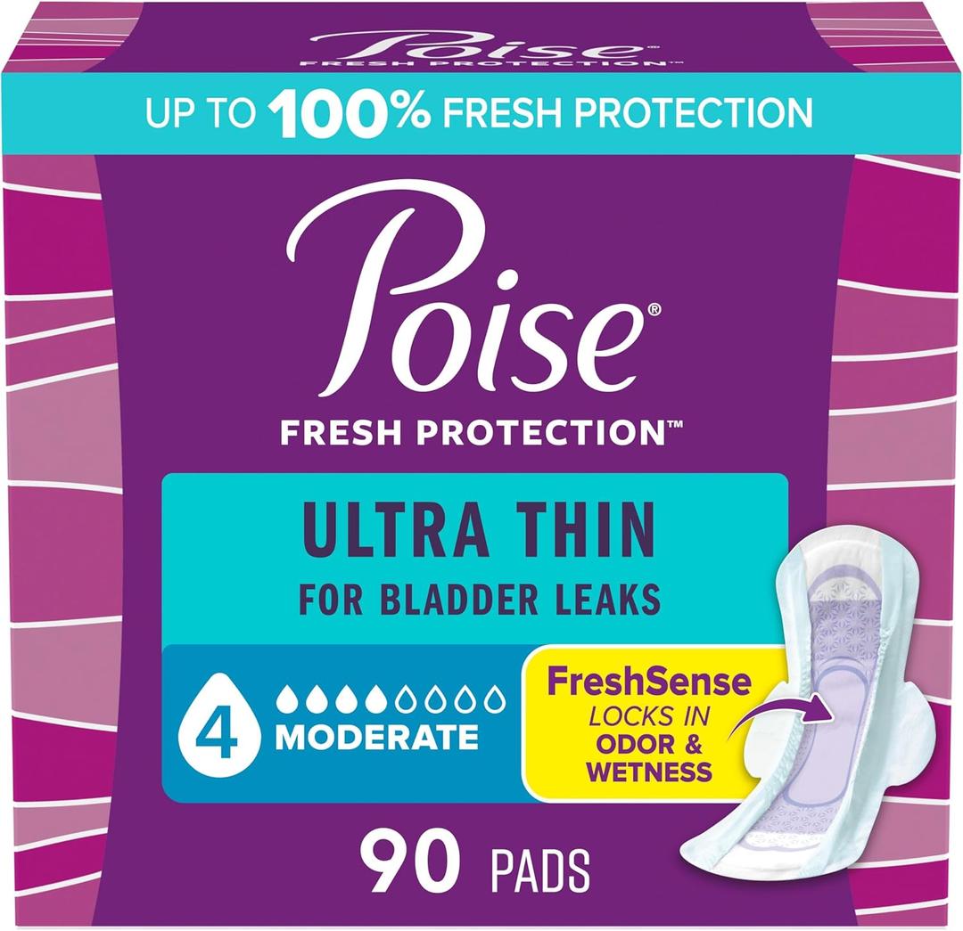 Poise Ultra Thin Incontinence & Postpartum Pads with Wings for Bladder Leaks, 4 Drop Moderate Absorbency, Regular Length, 90 Count, Packaging May Vary