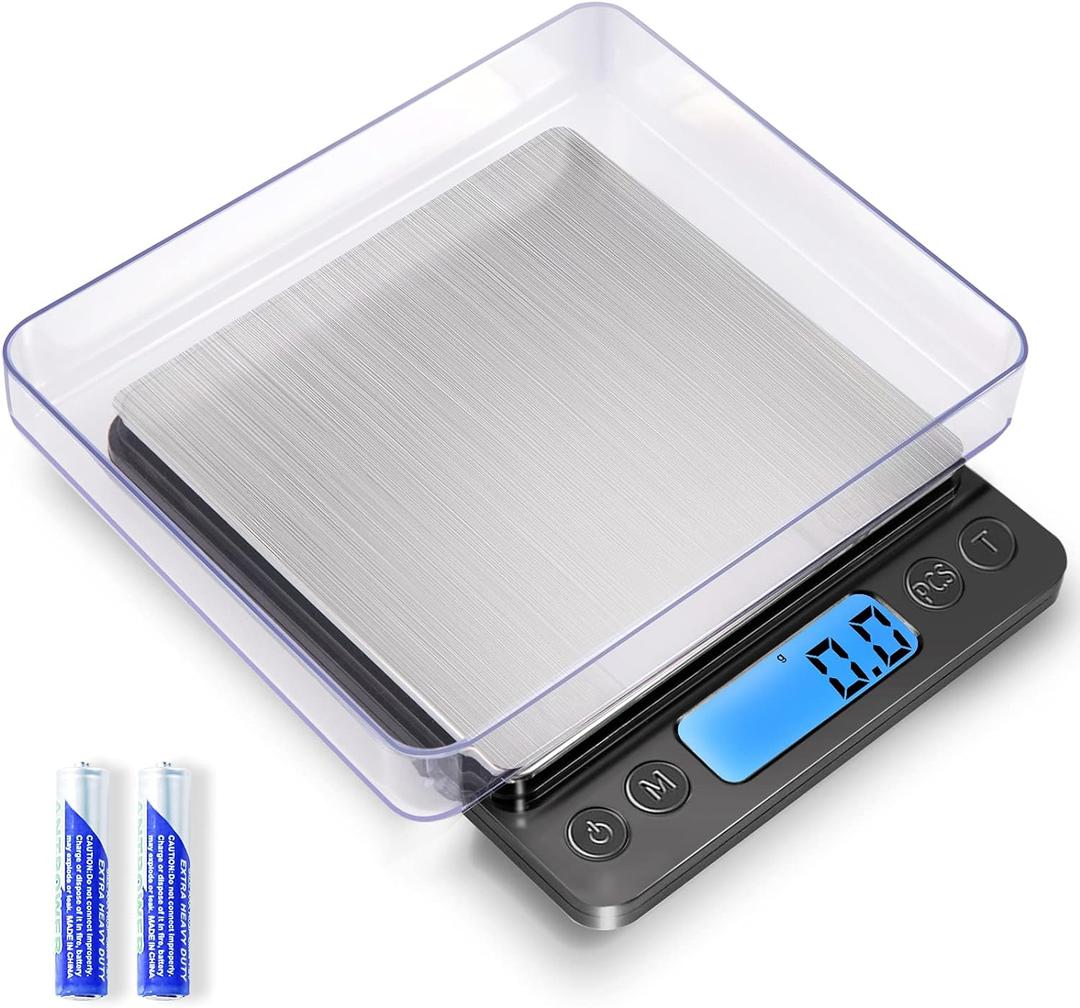 Digital Food Kitchen Scale Upgraded, YONCON 3000g/0.1g High Accuracy Mini Pocket Scale Measures in Grams and oz for Cooking, Baking, Jewelry, Tare Function,2 Trays, LCD Display (Batteries Included) (Black)