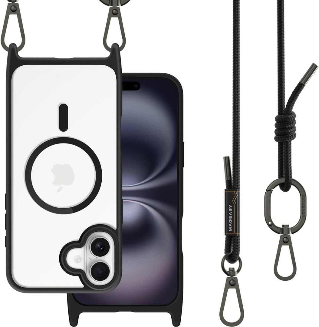 MAGEASY Case for iPhone 16 Plus 6.7" - Case with Crossbody Strap, 16ft Drop Protection, Compatible with MagSafe | Roam M (Black)