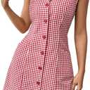 MakeMeChic Women's Plaid Gingham Lapel Button Down Short Dresses Sleeveless A Line Shirt Dress with Pocket (Red and White) S