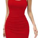 Missufe Women's Sleeveless Spaghetti Strap Ruched Bodycon Sundress Summer Casual Mini Cami Dress (XL, Red)