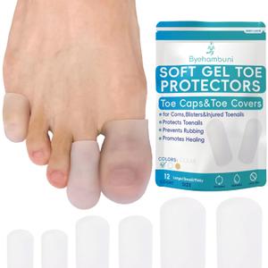 Byehambuni Gel Toe Protectors for Men and Women - 12 Pack Toe Covers - Toe Cap - Toe Sleeves - for Corns, Calluses, Blisters - Protects Toenails, Prevents Rubbing - Clear (4Large+4Small+4Pinky) (Multi-Size)