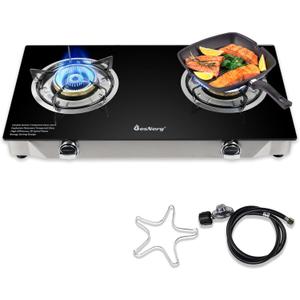 2 Burner Propane Gas Stove, 29,000 BTU High-Efficiency Auto Ignition Heavy-Duty Tempered Glass Cooktop, Includes CSA Regulator & Hose, for Outdoor Camping & Emergencies
