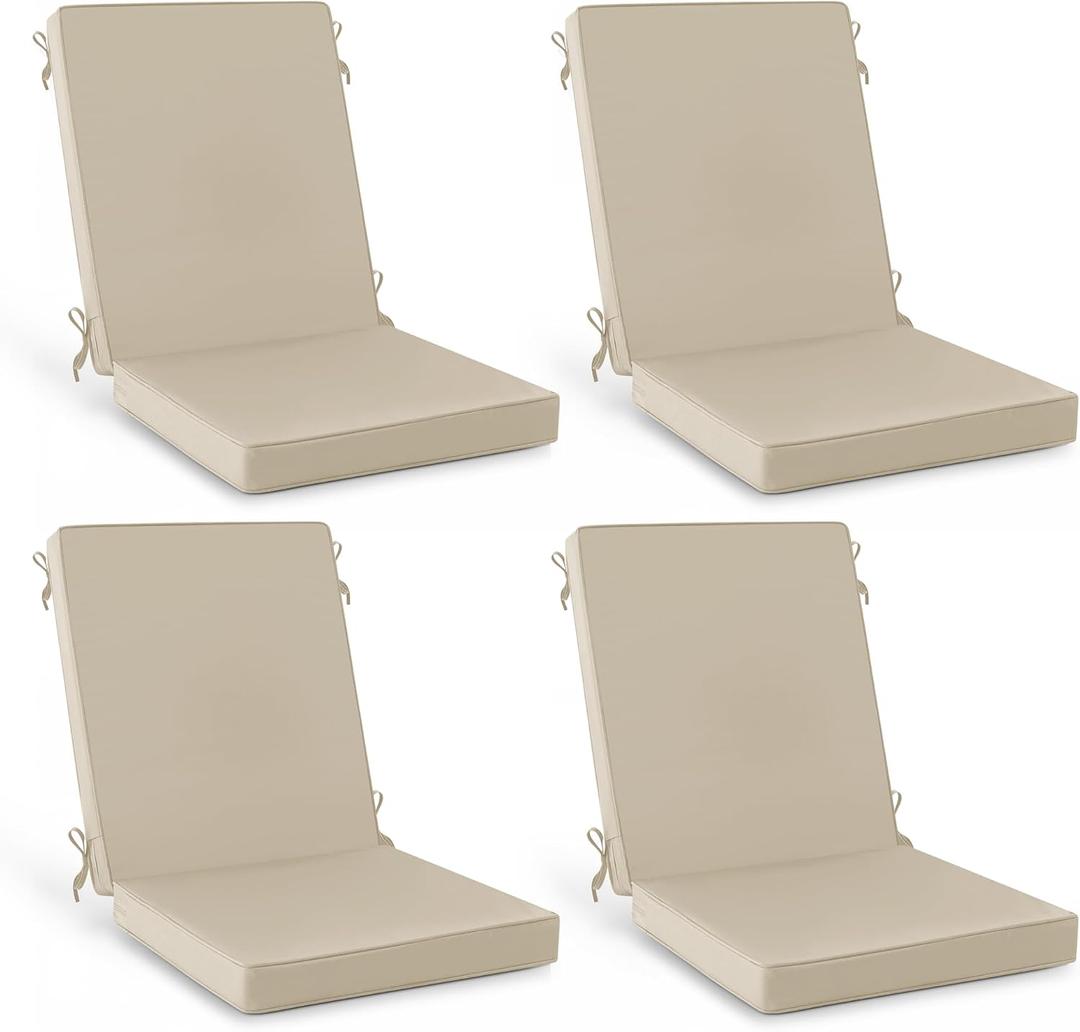 Summsun Outdoor Dining Chair Cushions 4 Pack, Water Resistant High Back Patio Seat Cushion Set with Ties, Removable Covers, Non-Slip Bottom for Garden Lawn Patio Furniture, 44 x 20 Inch, Cream