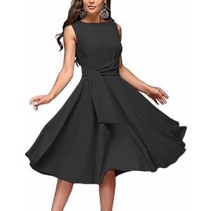 FENJAR Women's Formal Dresses Casual Wedding Guest Church Work Elegance Audrey Hepburn Style A-line Midi Dress (Small, Black)