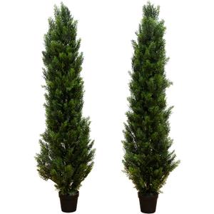 Nearly Natural 5ft Cedar Topiary Artificial Trees - UV Resistant, Realistic Green Foliage, Cone Shaped, Indoor/Outdoor Decor, Set of 2