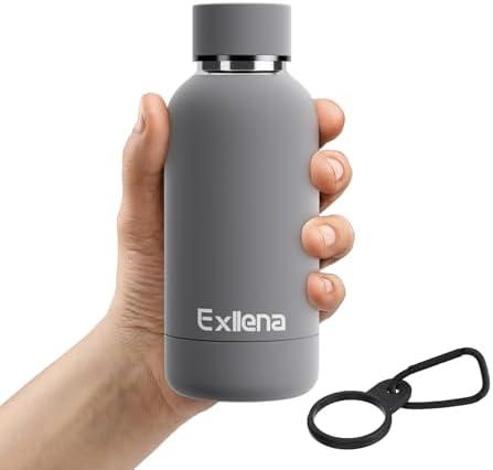 Exllena Small Water Bottle 12oz with Clip, Double Wall Stainless Steel Vacuum Small Insulated Water Bottle Keeps Drinks Cold 24 Hrs/Hot 12 Hrs for Kids Handbag School BPA Free (Grey)