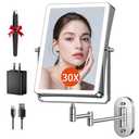 FUNTOUCH 5000mAh Rechargeable Wall Mounted Makeup Mirror with Lights, 8.7" Double Sided 1X/30X Magnifying Mirror with Dimmable 3 Color Light, Extended Swing Arm 360° Wall Mount Bathroom Vanity Mirror