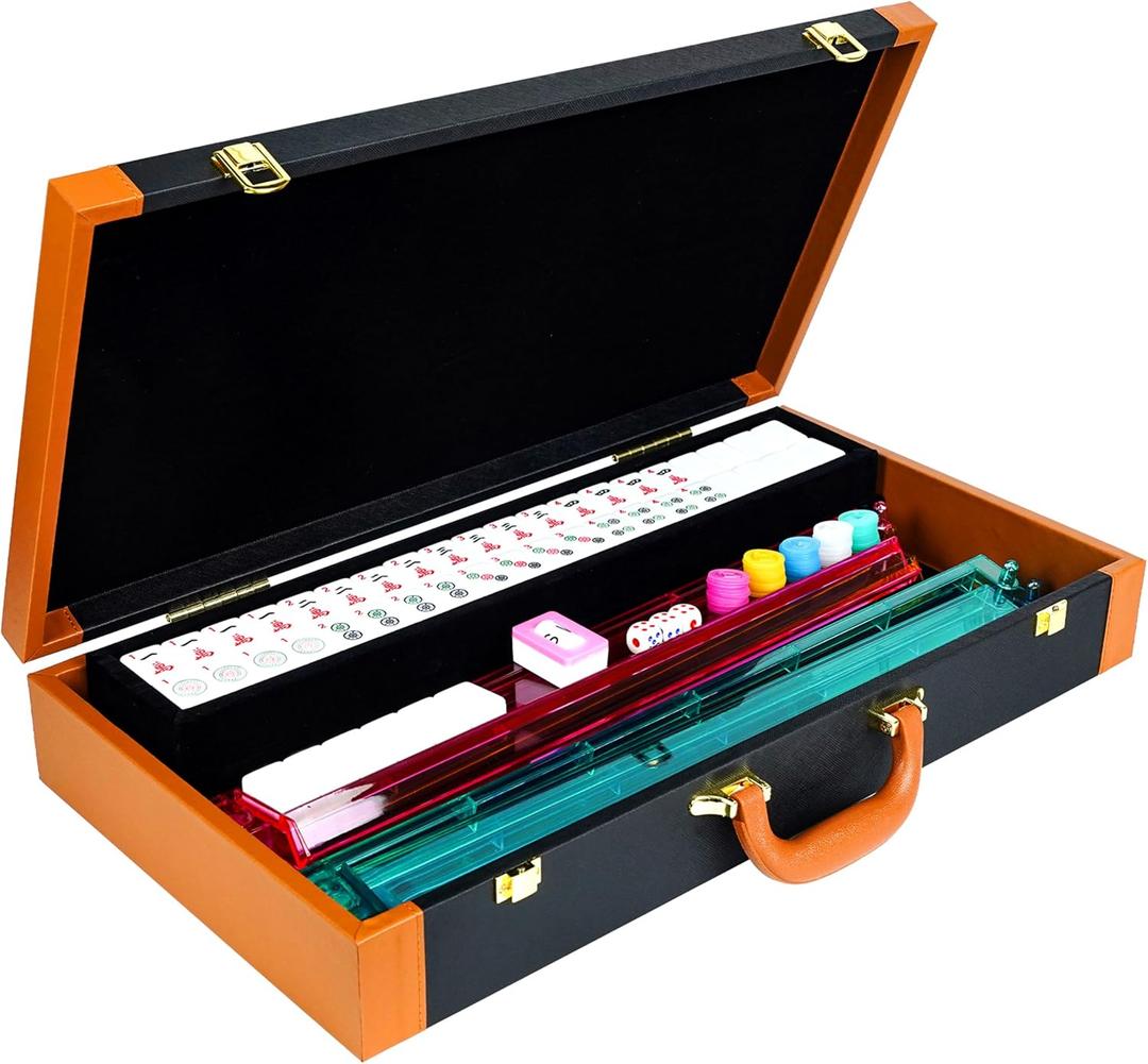 Premium Mahjong Tile Set, American Mahjong Set with 4 Racks and Pushers, 166 Mah Jongg Tiles with Wind Indicator, Dice & Chips, Manual, All In One Maahj Gifts for Travel (Black Leatherette Case), 11 inches x 21 inches