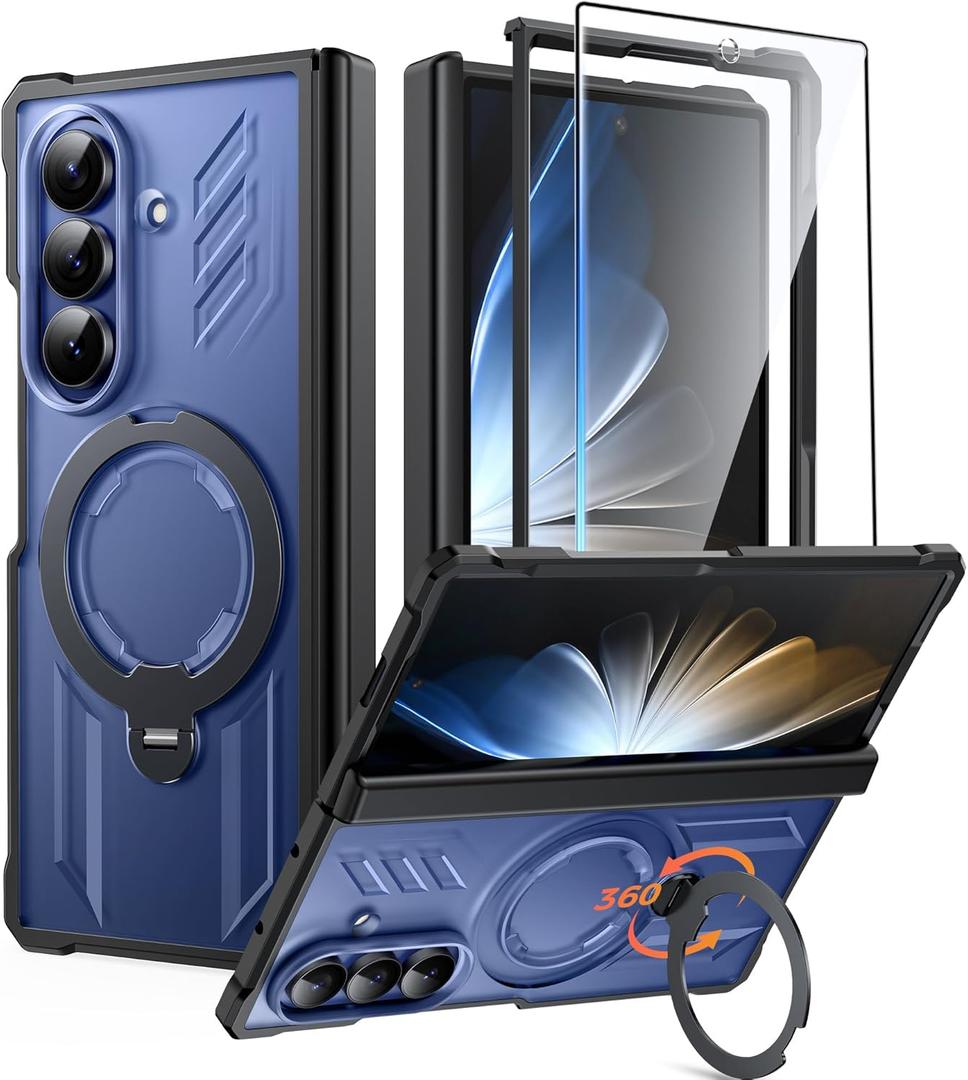 FNTCASE for Samsung Galaxy Z-Fold-7 Case: [360 Spin Magnetic Ring Kickstand][Hinge Protection][Compatible for MagSafe] Heavy Duty Mil-Grade Protection Galaxy Z Fold7 Case with Stand Clear Black