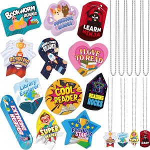 AmazingSpark 240 Pcs Student Reading Incentives Dog Tags Bulk with 24 Chains, Motivational Tag Education Awards Prizes PVC Waterproof Reading Necklace for School Classroom Teacher Reward 12 Styles