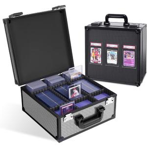 Graded Card Storage Box for PSA with TSA Lock, Aluminum Alloy Trading Card Case with Display Window, Slab Case with 8 Dividers for CGS, BGS, Top Loaders and Sports Cards (Carbon Fiber)