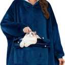 Wearable Blanket Hoodie for Adults Women Men, Oversized Soft Warm Sherpa Fleece Hoodie with Pets Giant Pocket (Navy Marine Blue)