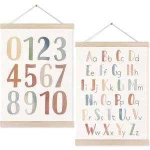 Koesus Boho Classroom Alphabet Numbers 1-10 Wall Art Poster Hanger Frame 12x16 Inch Set of 2, Educational Canvas Pictures Prints Framed Wall Decor for Toddler Kids Room Nursery Classroom Playroom