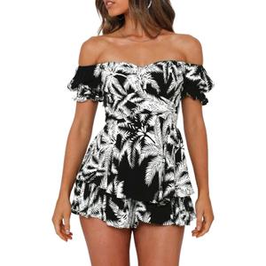 AOHITE Womens Summer Tube Top Dress Off-Shoulder Ruffled Flowy Mini Short Dresses (Large, B-black and White)