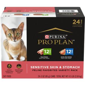 Purina Pro Plan Sensitive Skin and Stomach Wet Cat Food Variety Pack, Duck and Artic Char Entrees - (Pack of 24) 3 oz. Cans (EXP 02/29/28)