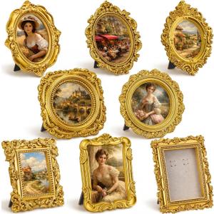 Qunclay 8 Pcs Vintage Picture Frames Set Gold Tiny Picture Frames Wallet Size Baroque Antique Resin Photo Decor for Valentines Day Wedding Party Tabletop Home Decor(Mixed Style 2)