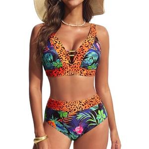 Hanna Nikole Womens High Waisted Bikini Sets Floral Print, 2 Piece Swimsuits Cutout, V Neck Bathing Suits Sexy Swimwear Large