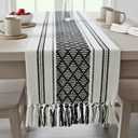 Boho Table Runner with Fringe 14 x 90 Inches, Black & Cream | Woven Washable Console Tabletop Runner / Dresser Scarf, Farmhouse Extra Long Heavy Cotton Table Topper Cover