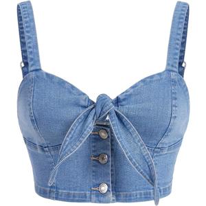 WDIRARA Women's Denim Tie Knot Tank Top Button Decor Sleeveless Y2k Jean Crop Top (Medium)