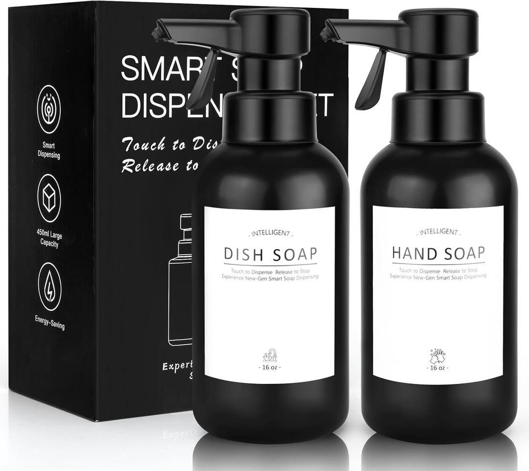 Automatic Soap Dispenser Liquid for Bathroom: 16 OZ Touch Dispense Plastic Black Modern Auto Large Soap Dispenser Sets for Kitchen - Hand Dish Lotion Couple Kids Home - Waterproof Labels