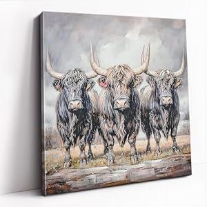 DRLWGTY Powerful Running Bulls Canvas Painting Wall Art, 24×24 in Cool Animal Power Painting with Silver Glitter Texture Details for Living Room Bedroom Decor