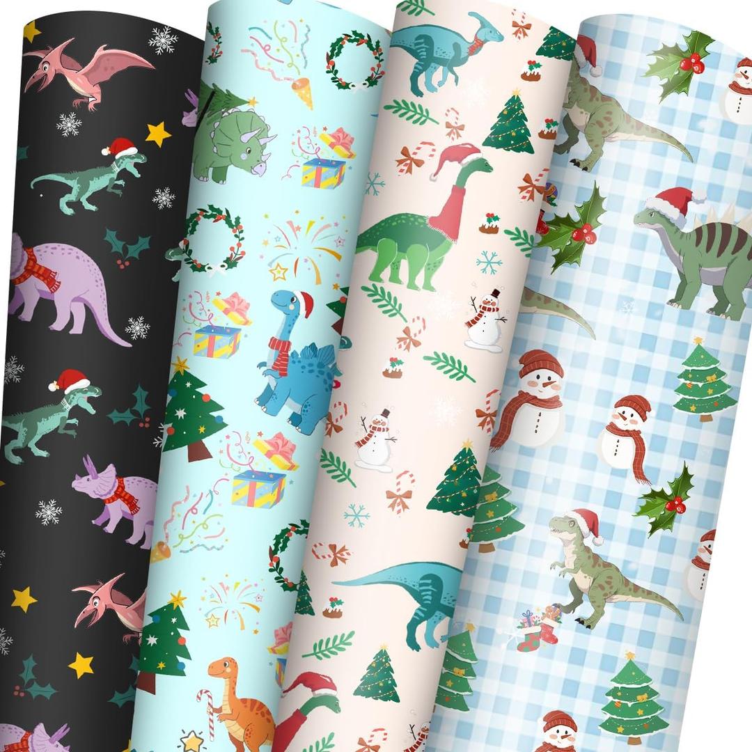 Dinosaurs Christmas Wrapping Paper for Boys Girls Kids - 8 Jumbo Sheets Cartoon Dinosaurs, Santa Hats and Snowman Designs - DIY Gift Wrap for Party Favors New Year Birthday Gift, 28"x40" (Dinosaur)