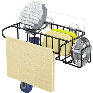 HapiRm 4 in 1 Adhesive Sponge Holder Sink Caddy, SUS304 Stainless Steel Brush Holder + Dish Cloth Hanger + Soap Rack + Sink Stopper Rack, No Drill Kitchen Sponge Caddy - Black