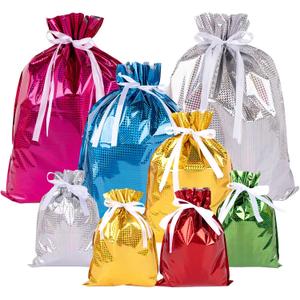 G2PLUS 20PCS Christmas Drawstring Gift Bags Assorted Sizes, Goodie Bags with Ribbon, Solid Color Aluminum Foil Christmas Bag, Present Wrapping Bag for Packages, Holidays, and Birthday Party
