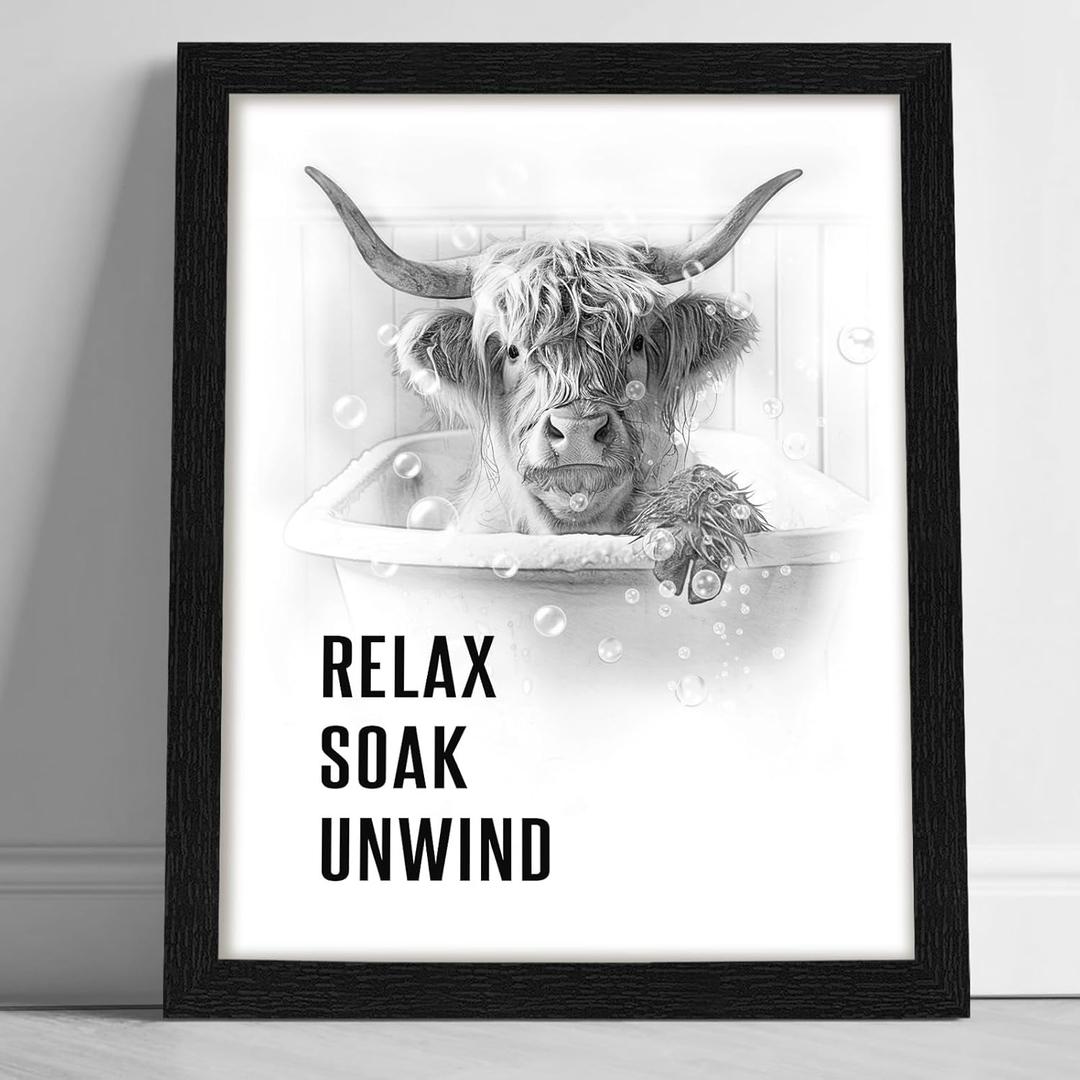 arteWOODS Funny Highland Cow Bathroom Wall Art - Rustic Farmhouse Wall Decor with Humorous Quotes Black Framed Print Artwork Cute Animal Pictures for Shower Toilet Restroom Kid's Washroom 8x10 Inch