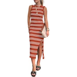 PRETTYGARDEN Summer Dresses for Women 2026 Casual Sleeveless Hollow Out Knit Side Slit Striped Beach Vacation Midi Dress (Medium, Rust Red)